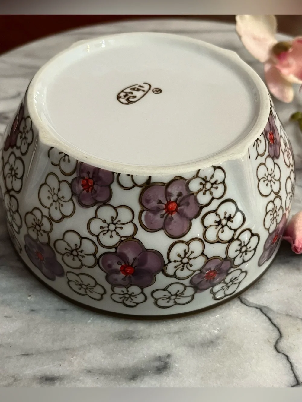 Yokohama Studio Japan Hand Painted Textured Floral Purple Blossom Ceramic Bowl